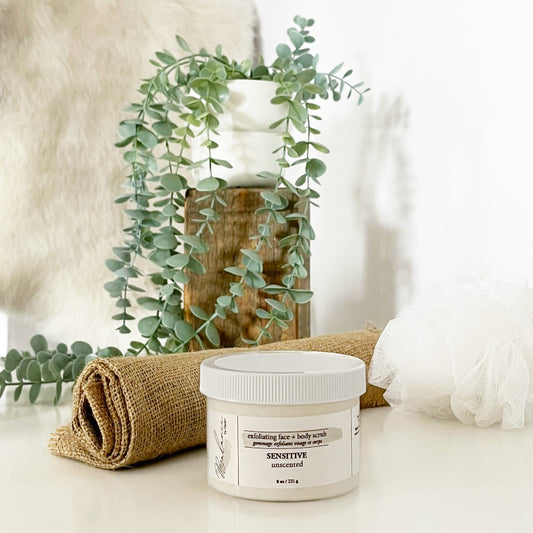 Sensitive exfoliating face + body scrub